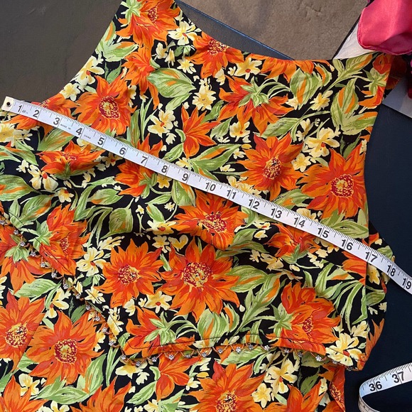 VTG Women's Floral Beaded Midi Length Dress Size 14 Orange Tie Waist CDC Wear - Picture 8 of 11